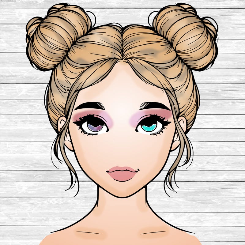 realistic girl with two buns on top of her head
