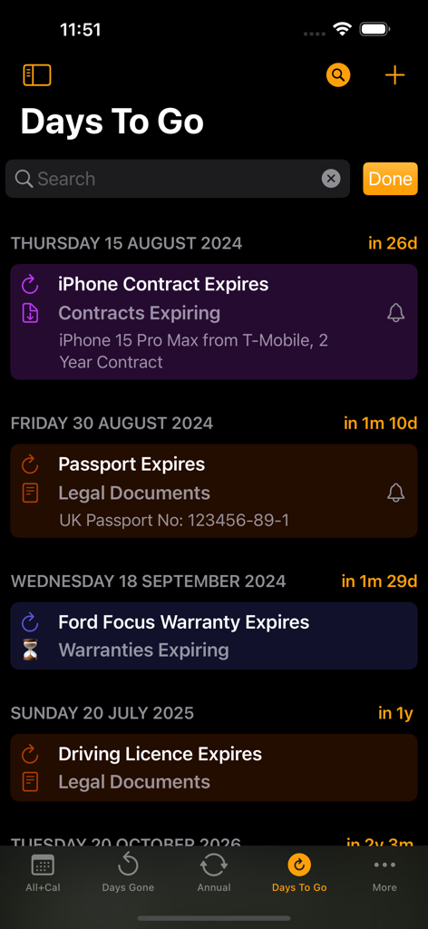 days - Interface of the days app showing a list of upcoming milestones with countdowns for contract, passport, and warranty expirations.