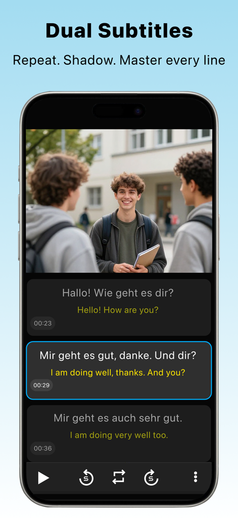 SubX Player – Dual Subtitles - Une interface mobile de SubX Player montrant une vidéo avec des sous-titres doubles en allemand et en anglais pour l'immersion linguistique et la pratique du shadowing.