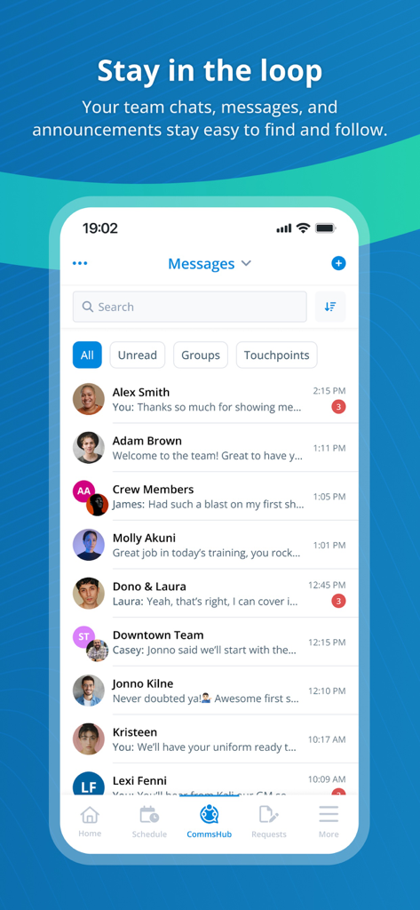 TeamLive app CommsHub interface showing a list of team messages and chat conversations for hospitality workers