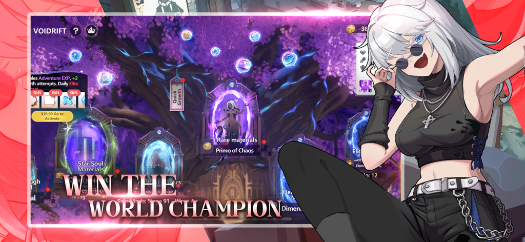 Era of Sepia gameplay screen showing the Voidrift interface with a silver haired anime character and rewards