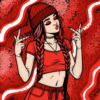 realistic teenage girl with braids and a beanie and crop top doing 🫶🏼