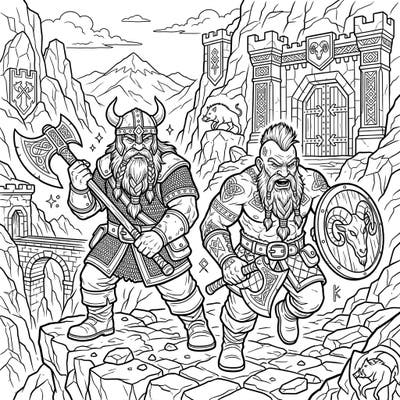 Dive into the legendary world of Dwarf Slayers with this intricate coloring template. Unleash your creativity as you bring these brave warriors and their dramatic mountain stronghold to vibrant life.