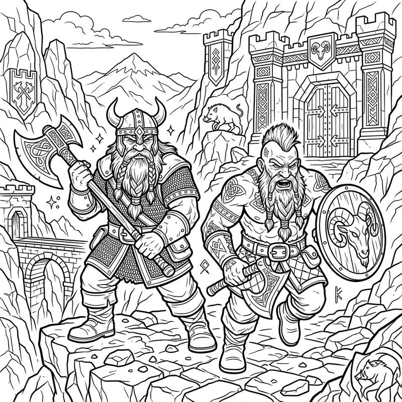 Dive into the legendary world of Dwarf Slayers with this intricate coloring template. Unleash your creativity as you bring these brave warriors and their dramatic mountain stronghold to vibrant life.
