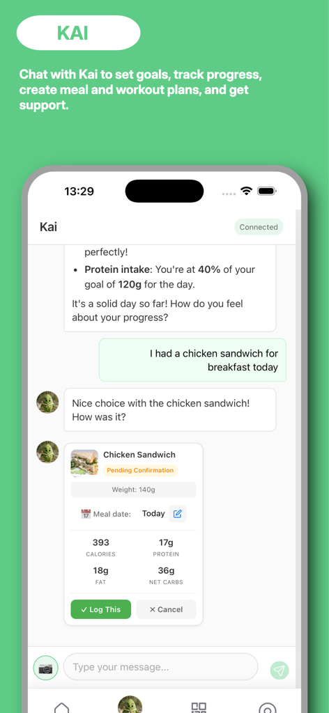 Livio Health app interface showing AI coach Kai providing nutritional data for a logged meal.