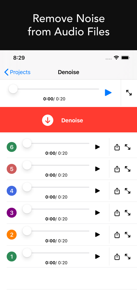 Denoise Audio - Remove Noise - Interfaz de la aplicación Denoise Audio mostrando una lista de archivos de audio numerados con botones de reproducción y compartir.