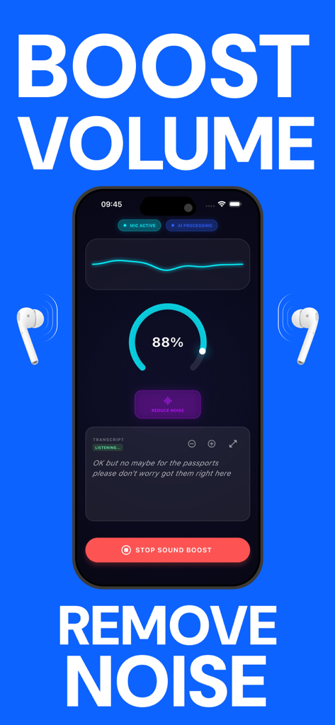 Hearing Aid & Sound Amplifier - A smartphone displaying the Hearing Aid app interface with features for boosting volume, removing noise, and live transcription.
