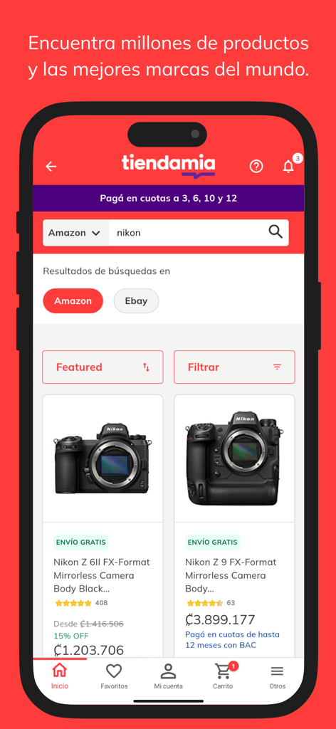 Tiendamia - Tiendamia app interface showing search results for Nikon cameras with international shipping and payment options