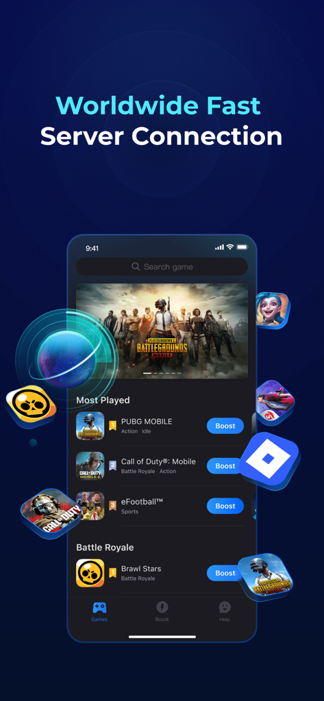 GearUP app interface displaying worldwide fast server connection options for mobile games