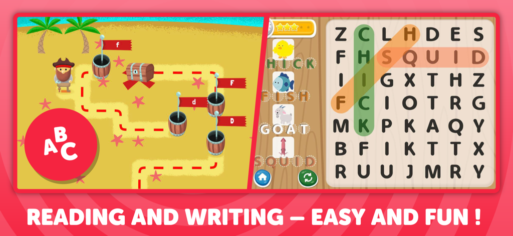 Juegos educativos de lectura y escritura para niños con temática pirata y búsqueda de palabras