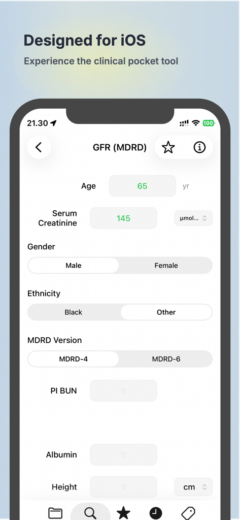 CliniCalc Medical Calculator - CliniCalc medical calculator GFR MDRD interface for iOS devices