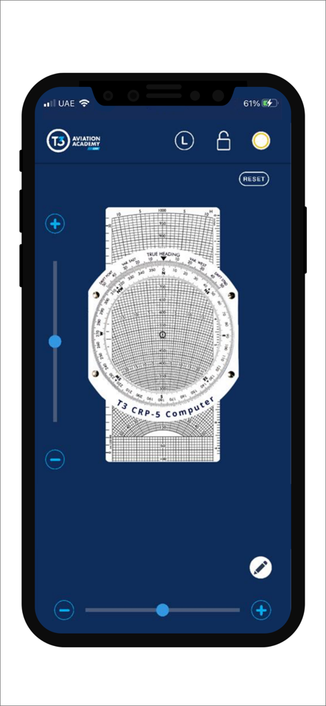 Interfaz del computador de vuelo digital T3 CRP-5 en un dispositivo móvil para cálculos de navegación de pilotos