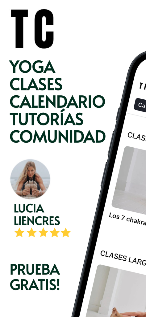 The Class Yoga - The Class Yoga app interface showing yoga classes, community features, and a free trial offer in Spanish.