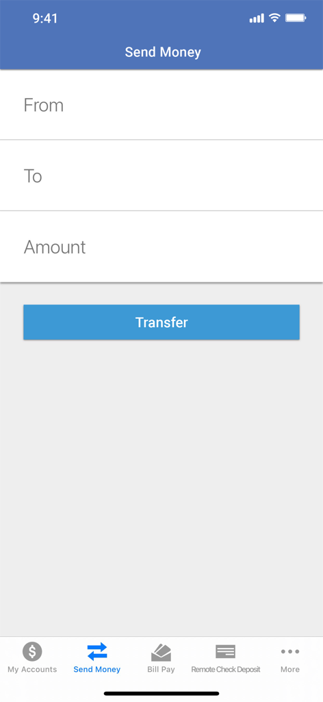 Connex Credit Union Mobile - The send money and fund transfer screen within the Connex Credit Union mobile app.