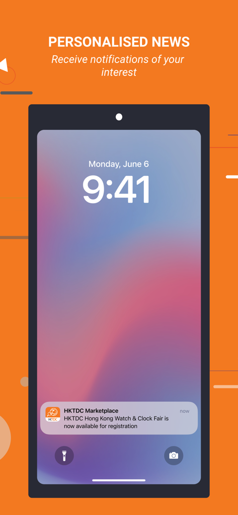 Un smartphone que muestra una notificación de registro personalizada para la Feria del Reloj y la Joya de Hong Kong desde la aplicación HKTDC Marketplace.