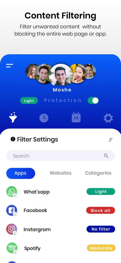 Parental Control Netspark - Netspark app interface showing content filtering settings for various mobile applications like Facebook and Instagram