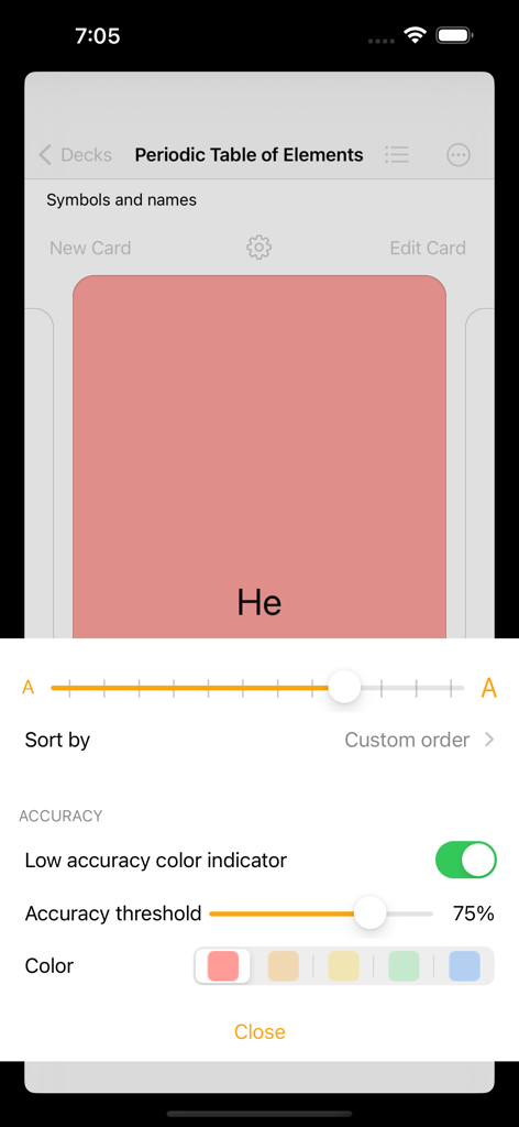 Flashcards - Build Your Own - Interfaz de la aplicación Tarjetas de Memoria que muestra la configuración del indicador de color de baja precisión y el umbral de precisión para un mazo de la tabla periódica.