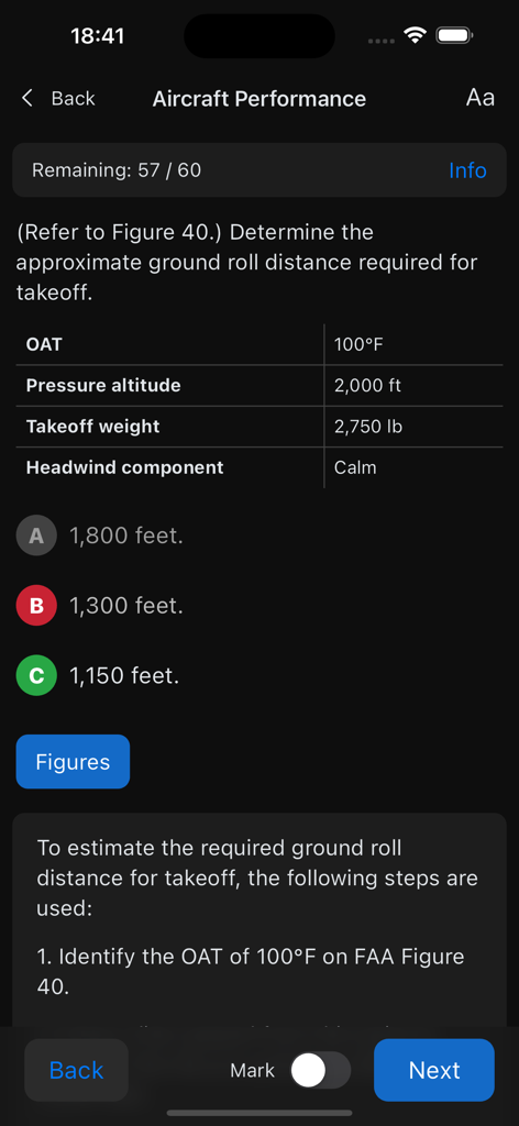 AirTest Pro - AirTest Pro app interface showing an FAA pilot exam question about aircraft performance with multiple choice options and a detailed explanation.