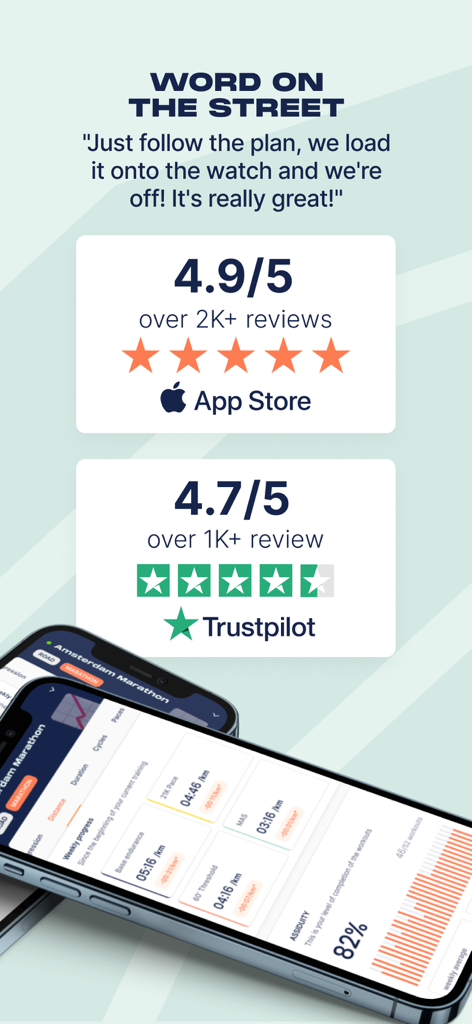 Campus Coach-Running & Trail - Campus Coachのマラソントレーニングプランダッシュボードと並んで、App StoreとTrustpilotからのソーシャルプルーフ評価。