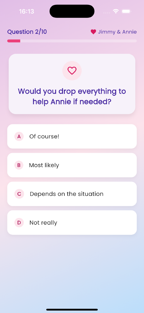 Love Tester - Crush Test - 네 개의 객관식 선택지가 있는 관계 궁합 질문을 보여주는 사랑 테스트 앱의 화면.