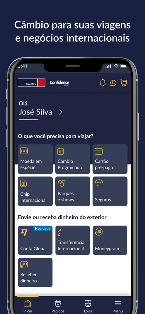 Confidence Câmbio - Écran d'accueil de l'application Confidence Cambio montrant les options d'échange de devises et de transferts internationaux en portugais.