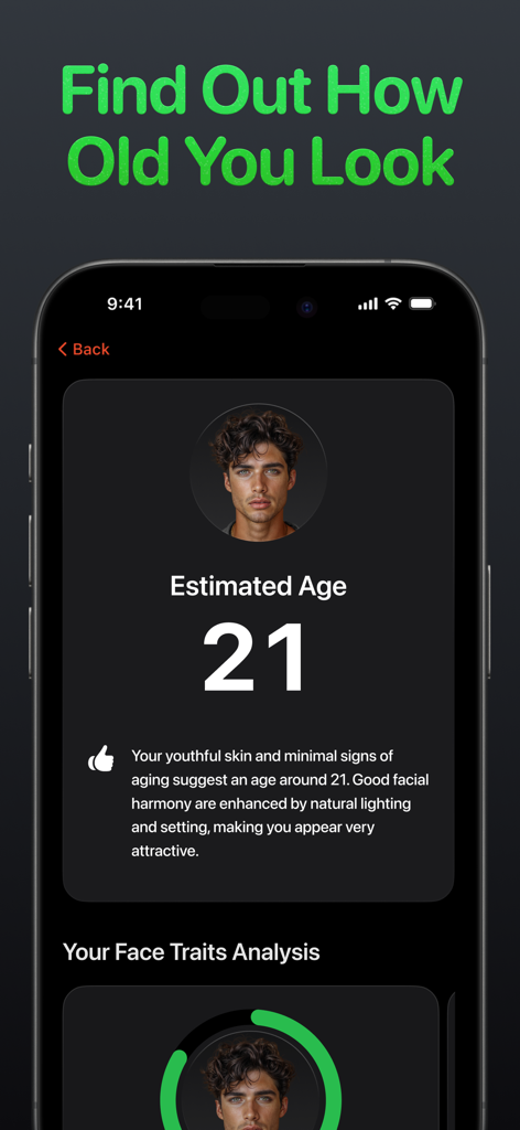 Maxxing: Face Beauty Analysis - Interfaz de análisis facial IA que muestra una edad estimada de 21 años