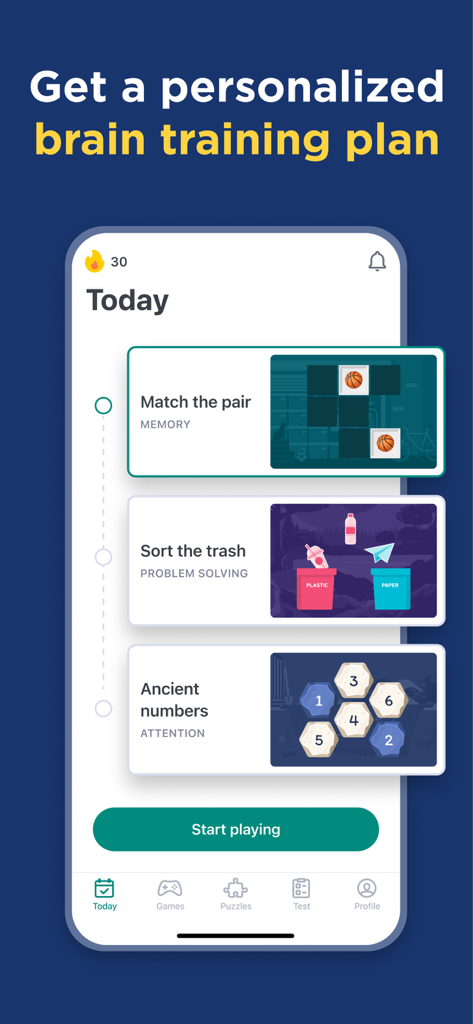 A mobile phone screen showing a personalized brain training plan with daily games for memory, problem-solving, and attention.