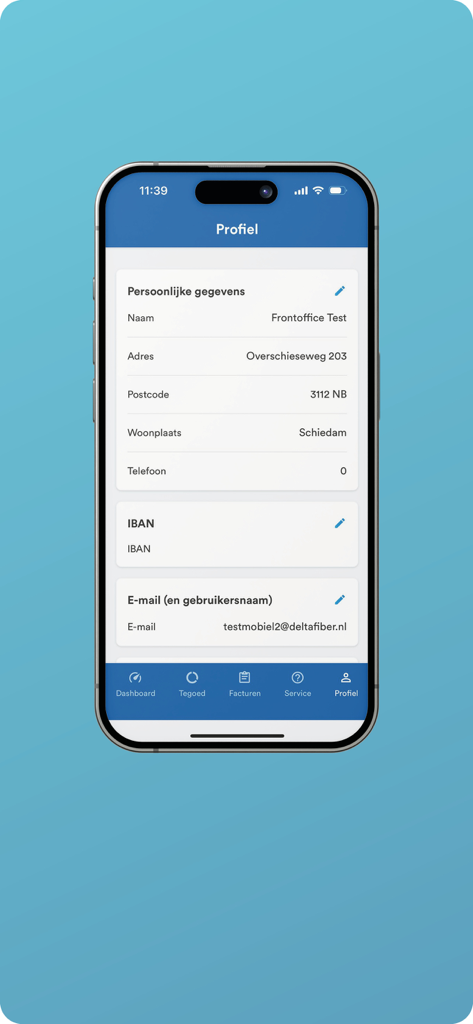 개인 사용자 정보 및 계정 설정을 표시하는 Caiway 모바일 앱의 프로필 페이지