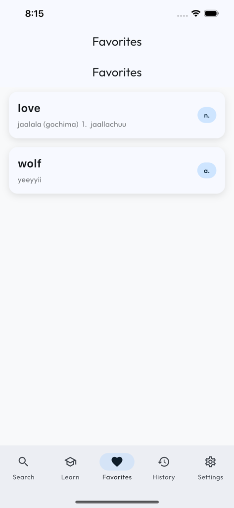 Oromo English Dictionary - Favorites screen of the Oromo English Dictionary app showing a list of saved words and translations