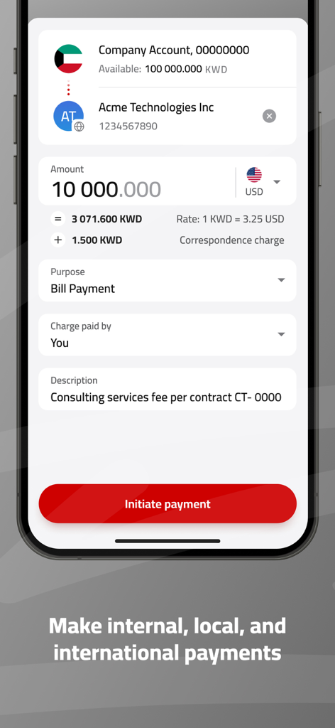Gulf Bank Corporate Mobile App - Pantalla de la aplicación móvil corporativa de Gulf Bank para iniciar pagos internacionales