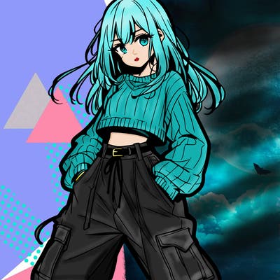anime teen girl with baggy pants and crop top with sweater