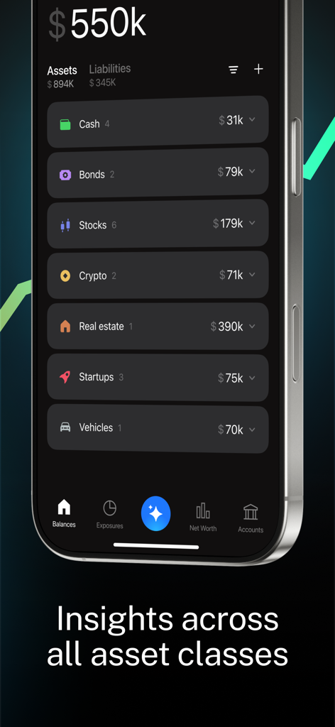 8FIGURES AI Investment Advisor - A mobile app dashboard from 8FIGURES displaying a summary of various asset classes like stocks crypto and real estate to track net worth