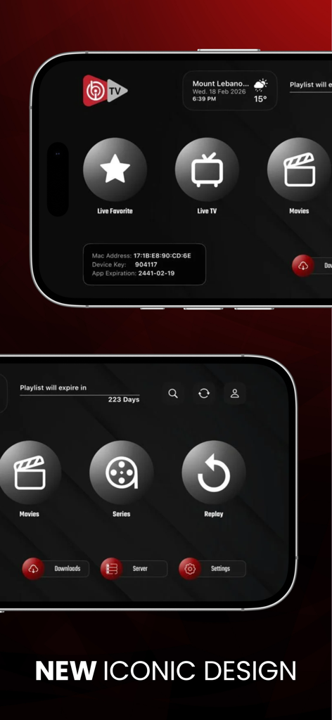 IBO PLAYER - Screenshots der IBO Player-Anwendung, die das Hauptmenü und die Kategorie-Symbole zeigen