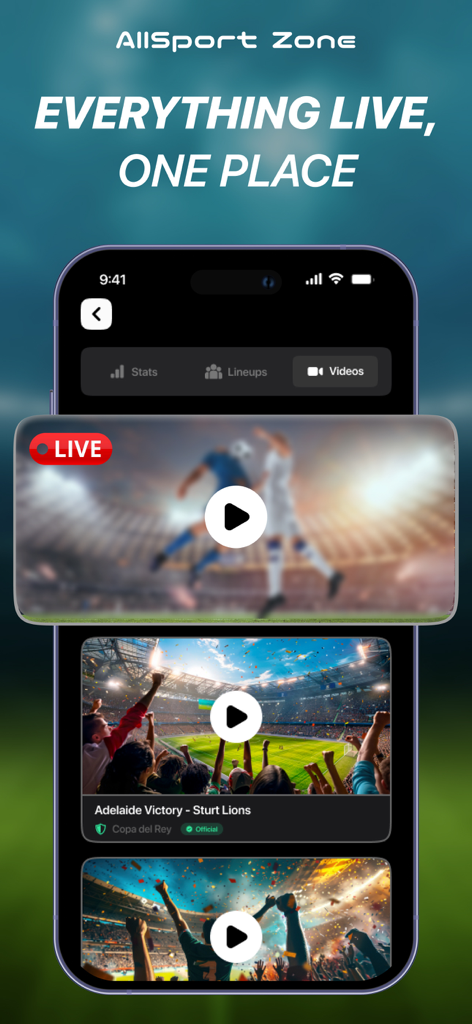 Live Football TV Soccer Score - Mobile app interface showing live soccer scores and football match video highlights.