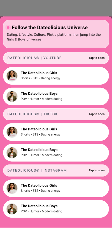 A menu within the Dateolicious app showing links to their social media channels on YouTube TikTok and Instagram for dating content
