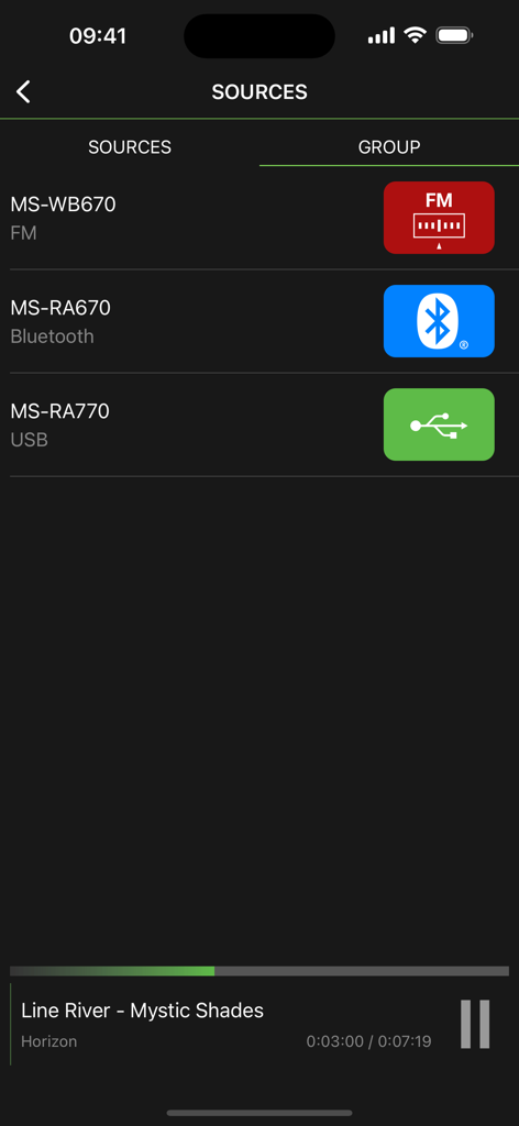 Interface of the Fusion Audio app showing available marine audio sources including FM, Bluetooth, and USB options.