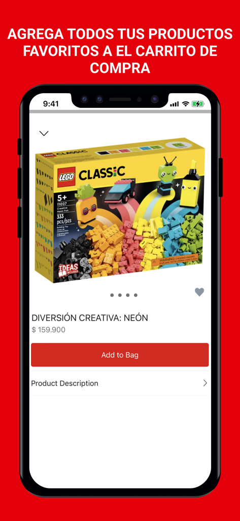 TIENDA LEGO® - Tela do aplicativo Tienda LEGO Colômbia exibindo a página de um produto LEGO Classic com um botão Adicionar à Sacola.