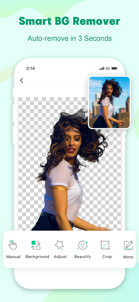 Apowersoft: Background Eraser - A woman's portrait with background automatically removed showing high precision on complex hair details