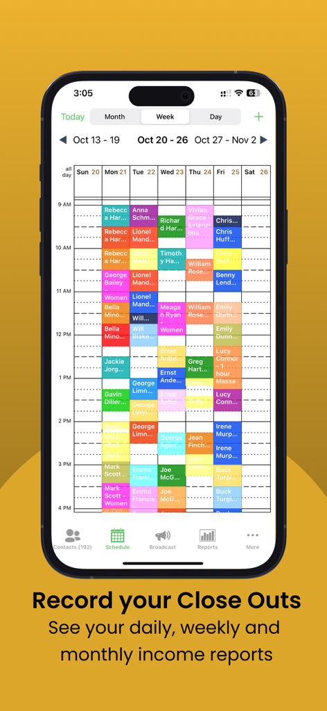Weekly appointment schedule grid on the MyChair app with color coded client bookings