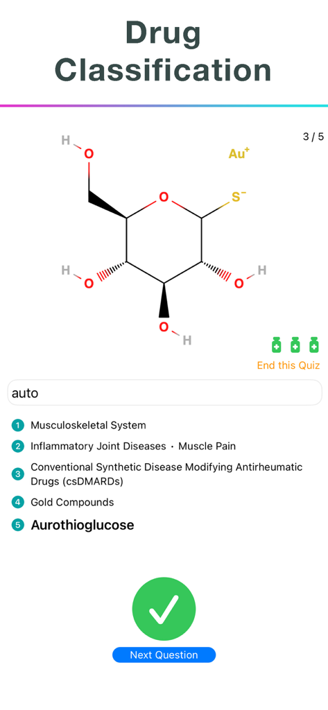 Pharmacodex - Interfaz de la aplicación Pharmacodex que muestra un cuestionario de clasificación de medicamentos con una estructura química.