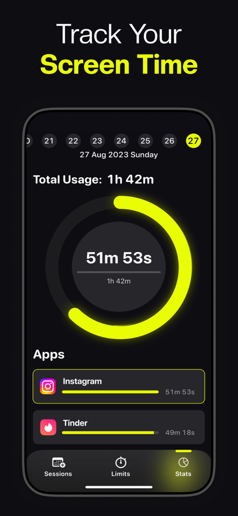 Screen Time Control: FocusMate - FocusMate app usage insights screen showing a total screen time of 1 hour 42 minutes with specific tracking for Instagram and Tinder