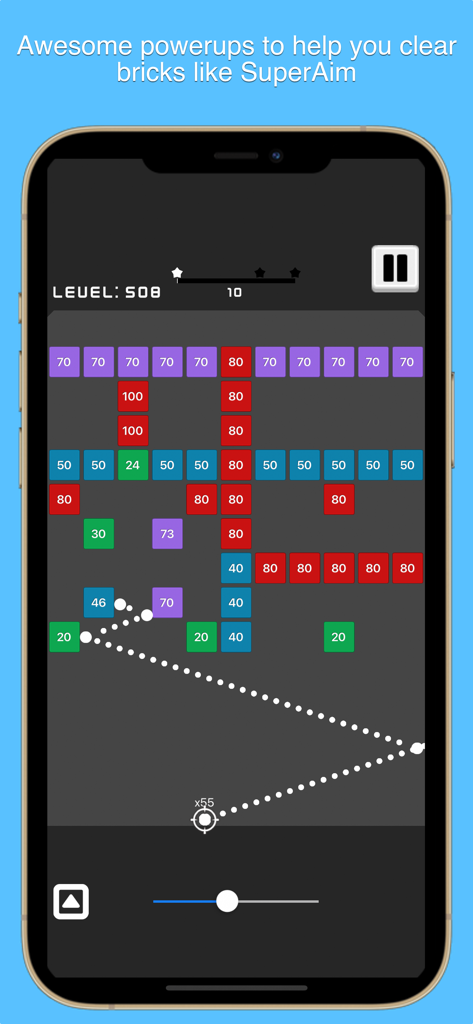 Balls, Bricks, & Puzzles - Gameplay screenshot showing the SuperAim powerup in the Balls N Bricks mobile game