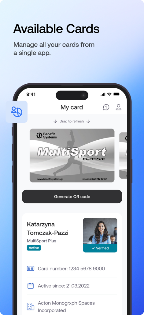 Interfaccia dell'app MultiSport che mostra una tessera di iscrizione digitale con un profilo utente verificato e un pulsante per generare un codice QR.