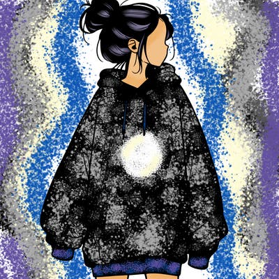 realistic girl with a oversized sweatshirt on and a bun