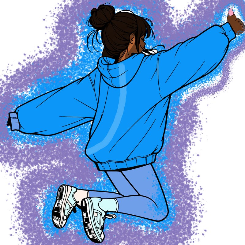 realistic girl jumping with a bun and oversized sweatshirt