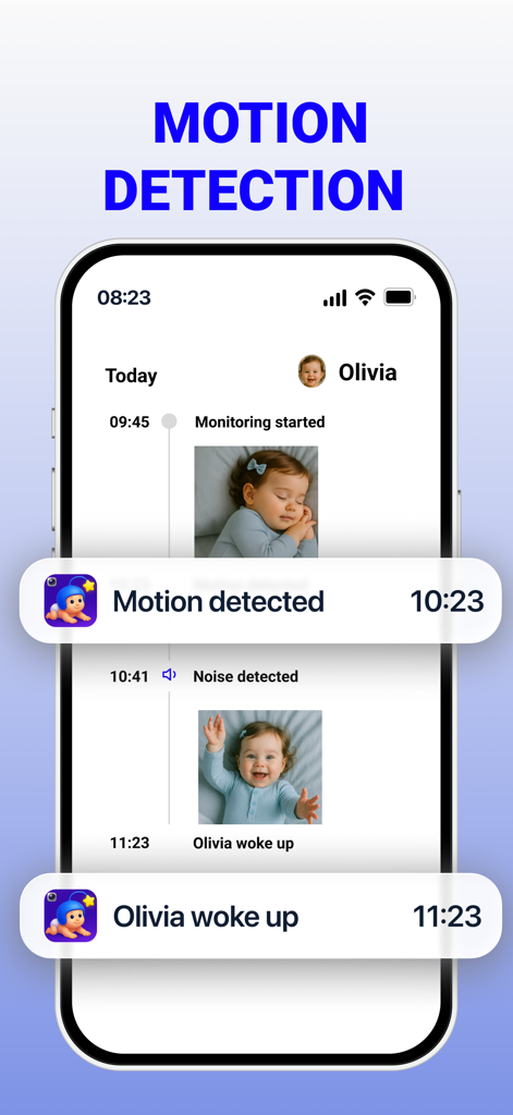 Baby sitter camera Wendy - Screenshot of Wendy baby monitor app showing motion detection notifications and a timeline of baby activity