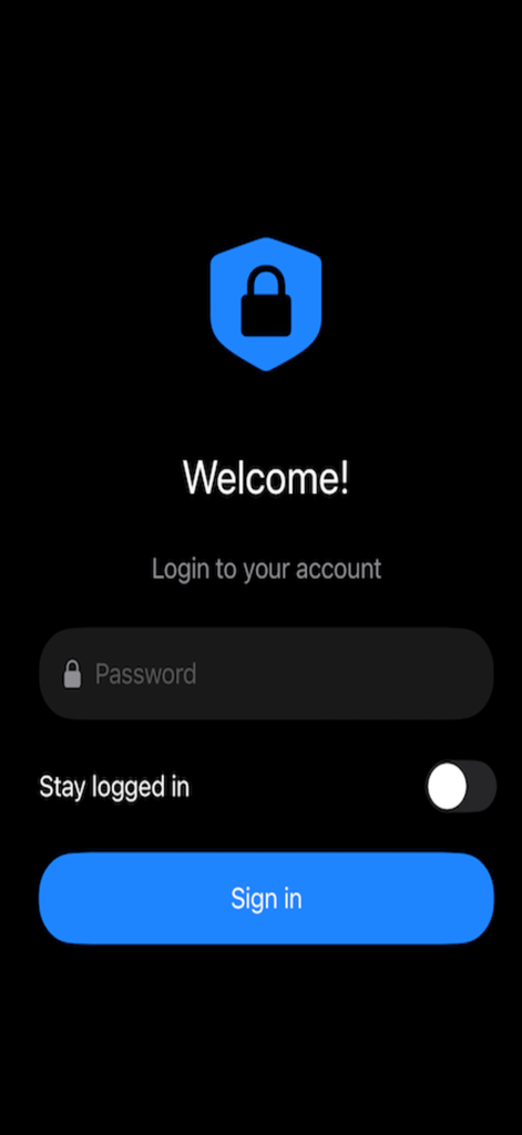Sam Database - Secure login screen for Sam Database app featuring a password input field and a blue sign in button