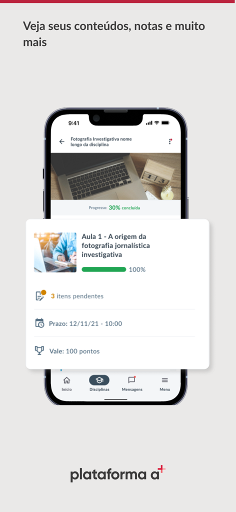 Screenshot of Plataforma A app interface displaying lesson progress, assignment deadlines, and course content on a mobile phone.