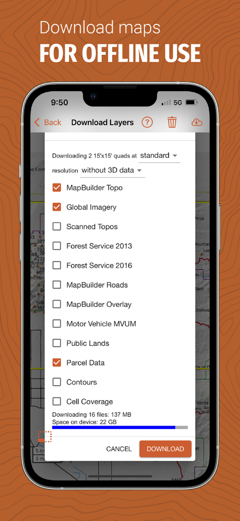 CalTopo: Backcountry Mapping - CalTopo app screen showing options to download map layers like topo imagery and parcel data for offline use.