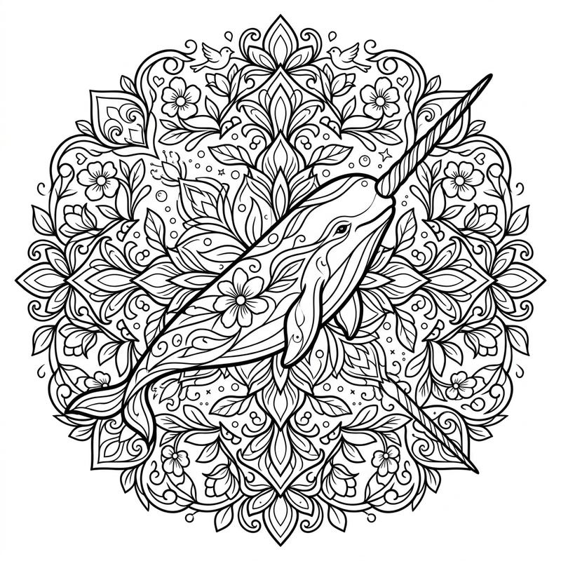 Discover the enchanting blend of marine life and spring beauty with this intricate Narwhal mandala. This unique coloring page features the 'unicorn of the sea' amidst a vibrant floral design, perfect for relaxation and creative expression.
